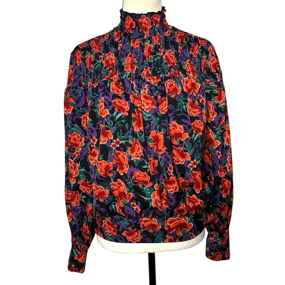 3/$20 💥 Calligraphie Long Sleeve Floral Blouse Seersucker Ruffle‎ High Neck